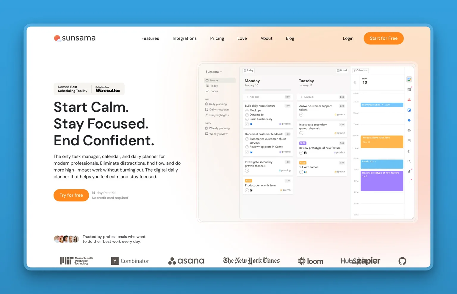 Sunsama guided daily planning view pulling tasks from calendar and email into one timeboxed day