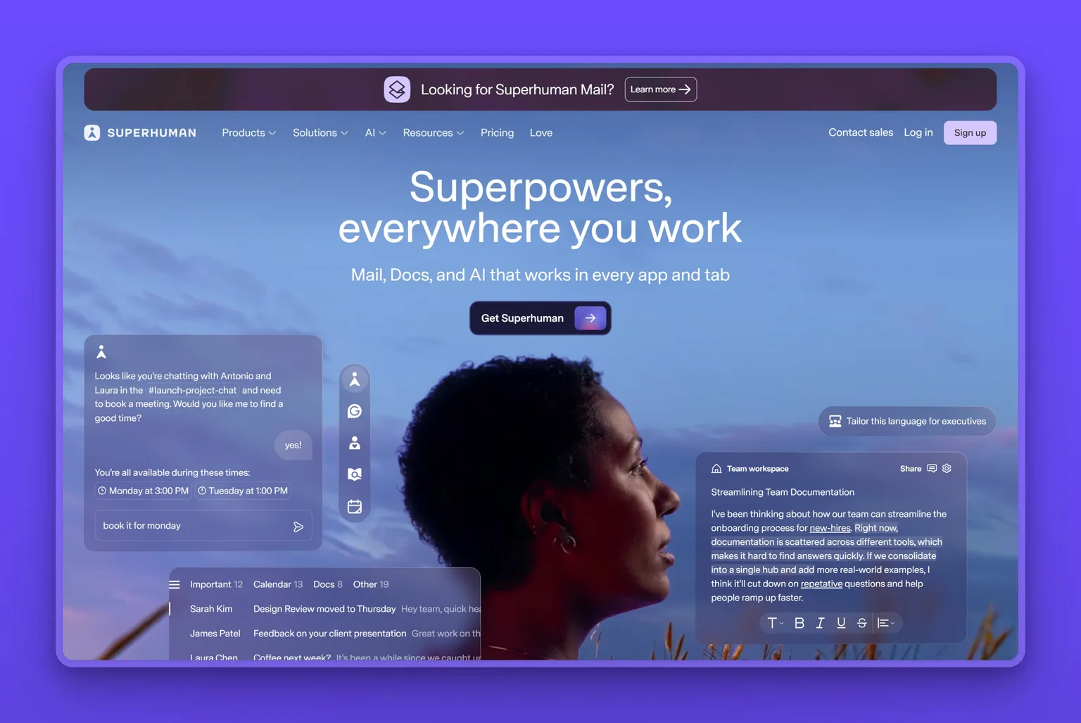 Superhuman Mail homepage showing its keyboard-driven AI email client for high-volume professionals