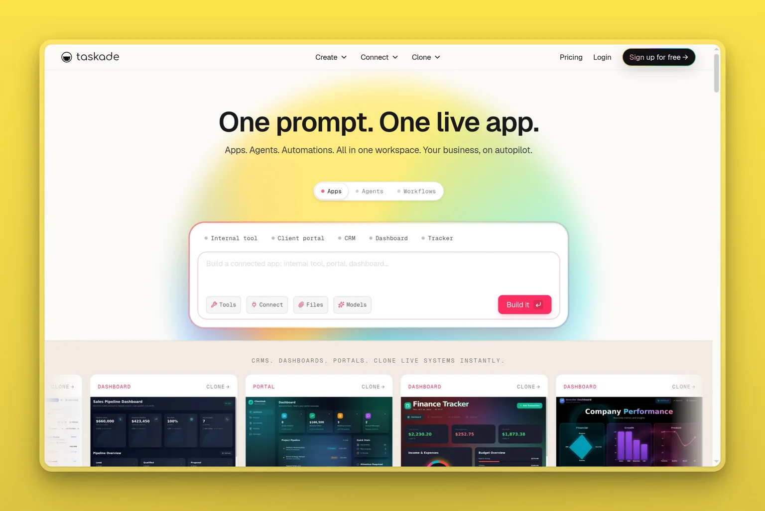 Taskade homepage showing its all-in-one workspace for apps, agents, and automations