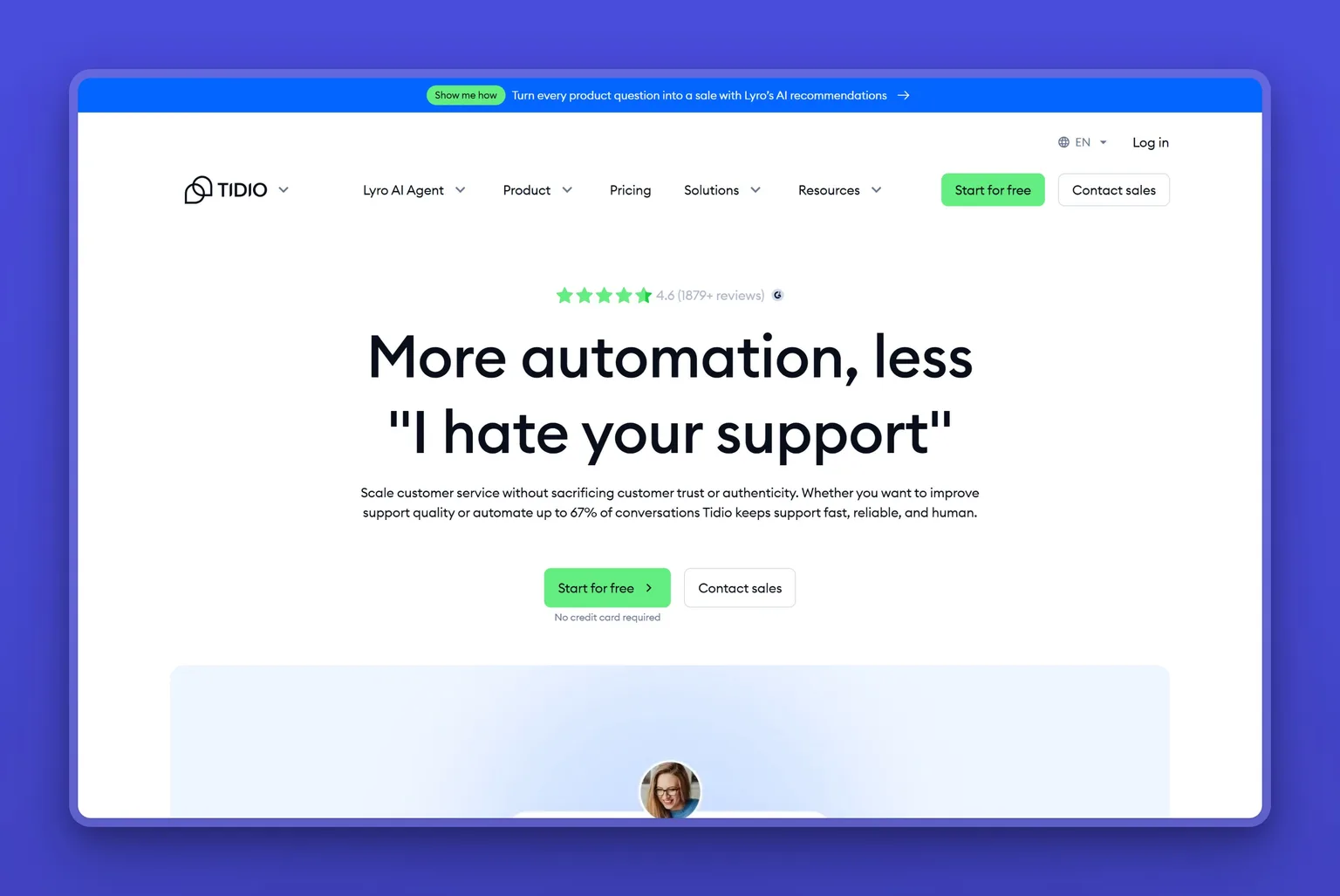 Tidio Lyro AI answering customer questions on a small-business site