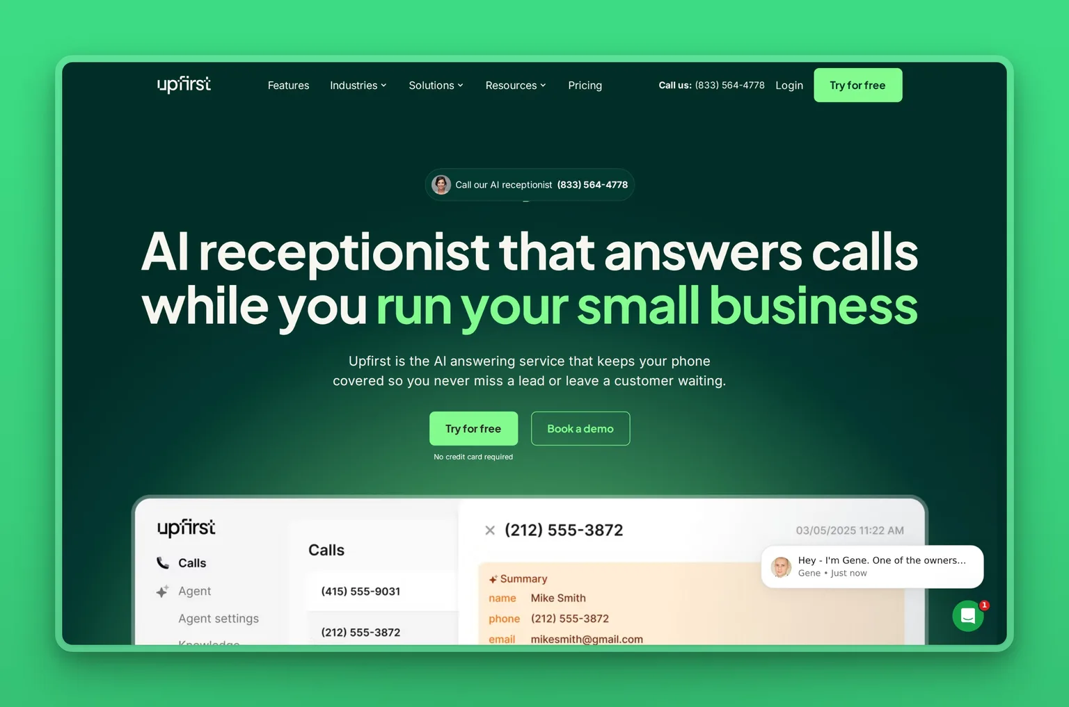 Upfirst homepage showing a simple AI phone answering service for small businesses