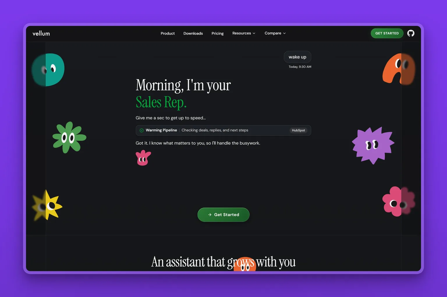 Vellum homepage showing its memory-first personal AI assistant