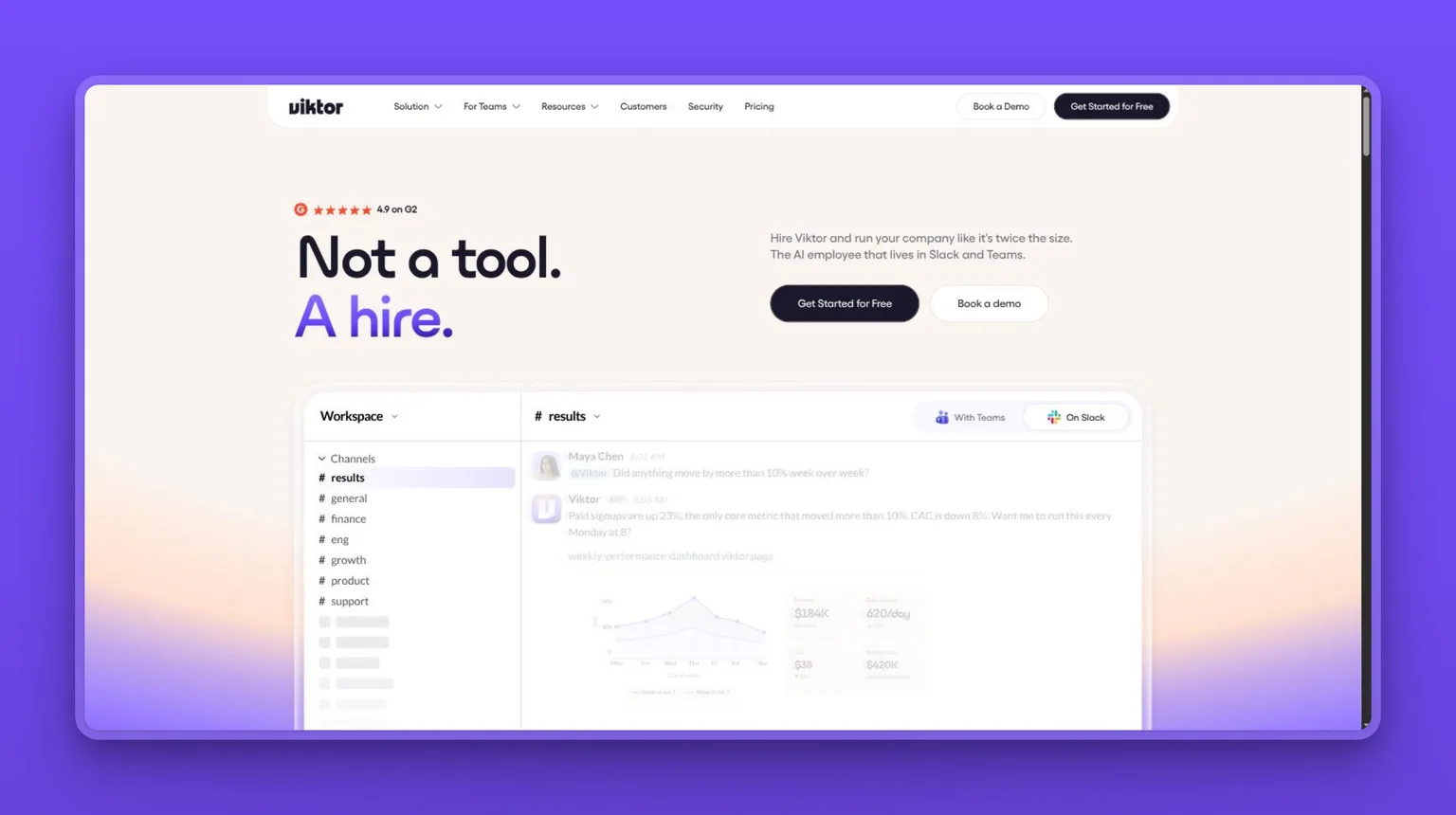 Viktor homepage showing the Slack-native AI employee interface with workspace channels and a performance dashboard reporting metrics like paid signups and CAC
