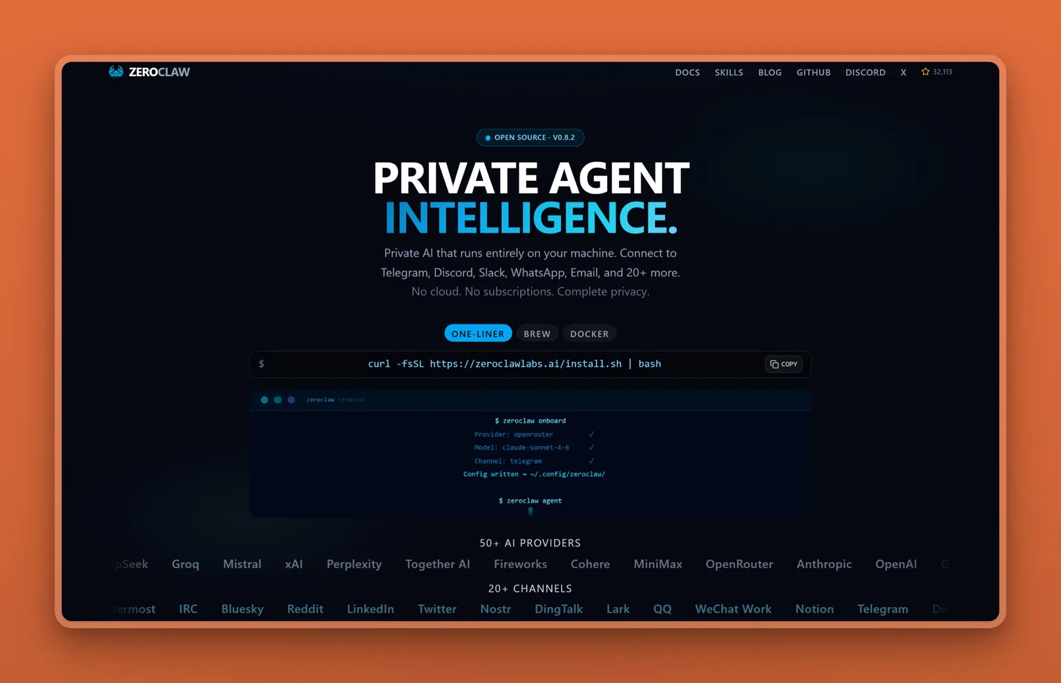 ZeroClaw homepage showing single Rust binary self-hosted agent with hardware integration
